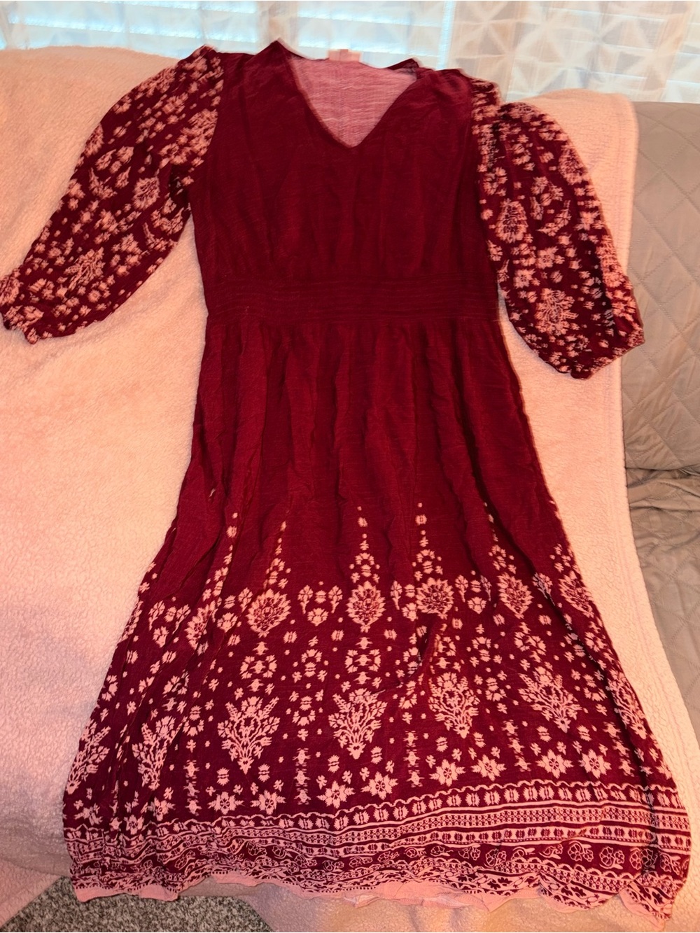 Knox Rose Burgundy Floral Maxi Dress with Puff Sleeves